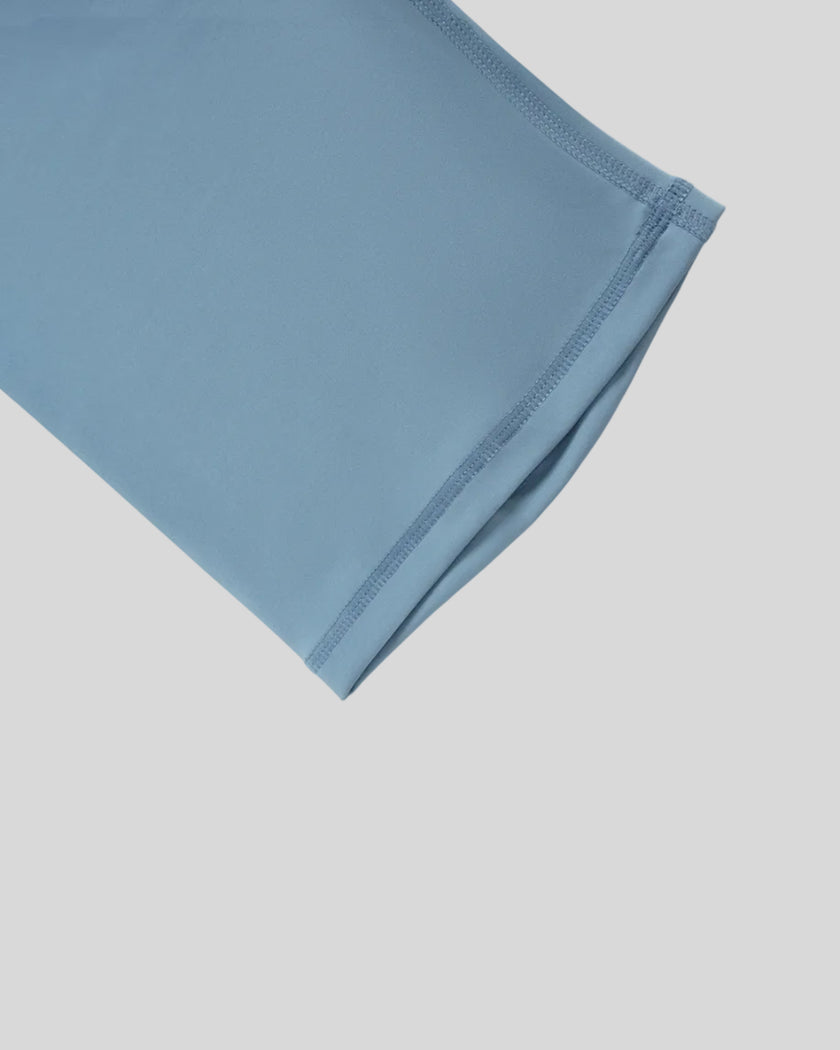 BaseLine Biker Shorts in gray blue, leg hem detail close-up