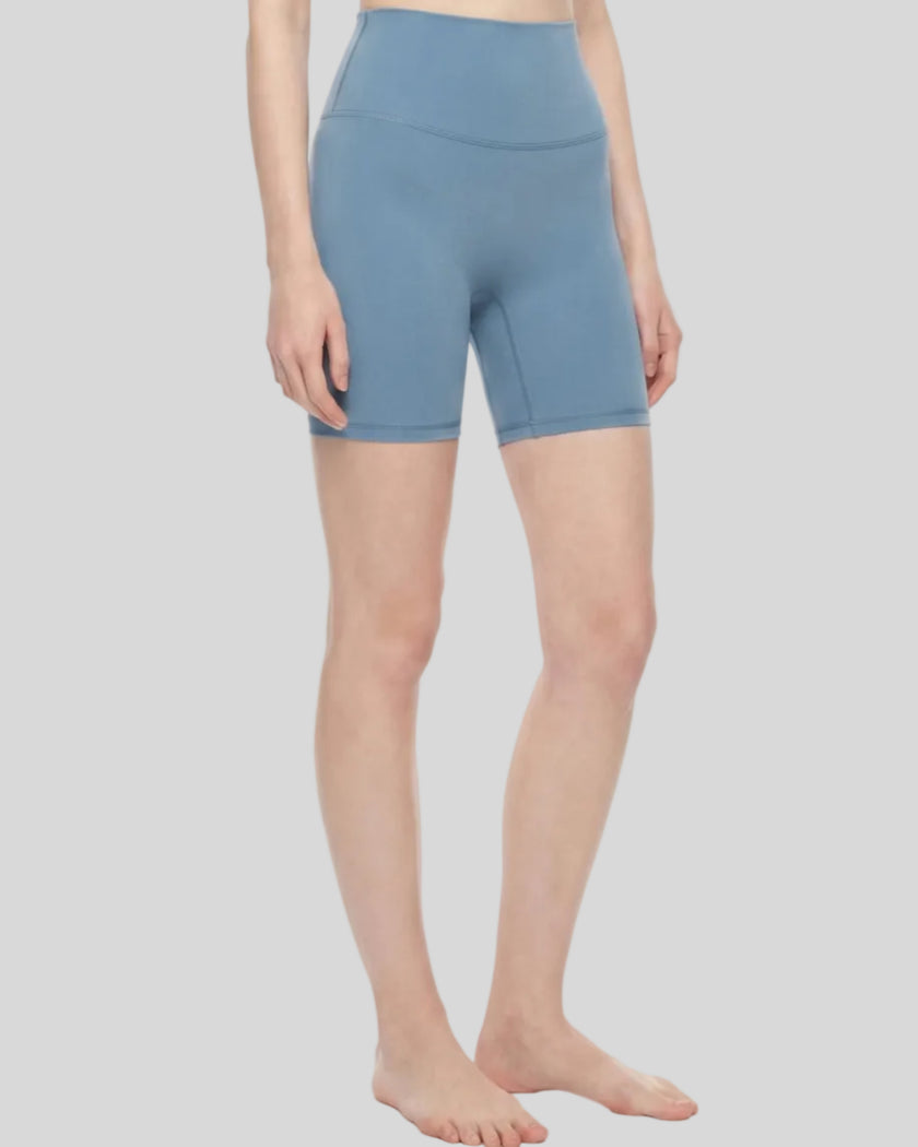 BaseLine Biker Shorts in gray blue, angled front view showing fit