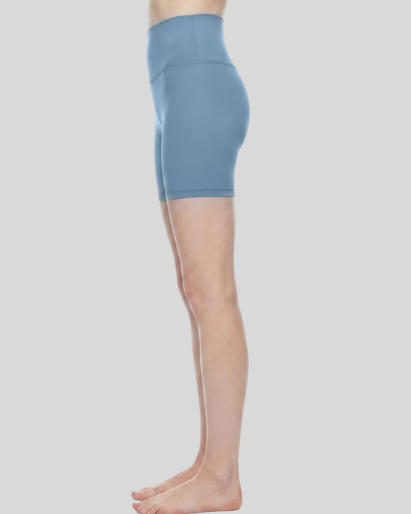 BaseLine Biker Shorts in gray blue, side view showing silhouette