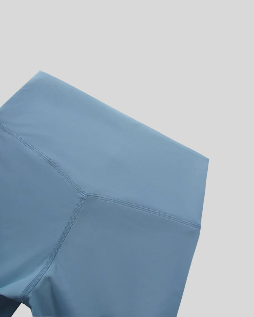 BaseLine Biker Shorts in gray blue, back waistband detail close-up