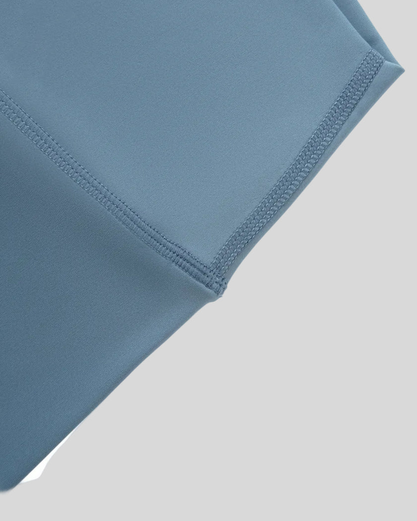 BaseLine Biker Shorts in gray blue, side waistband detail close-up