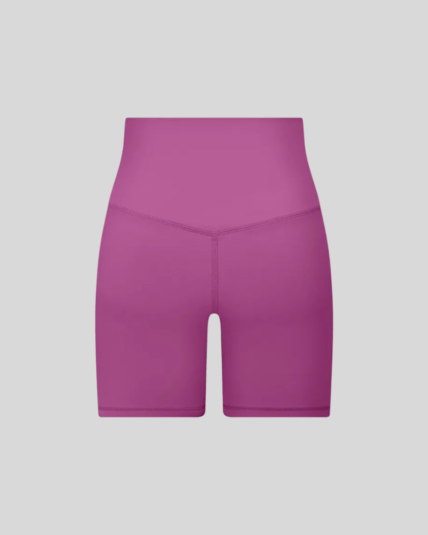 BaseLine Biker Shorts in purple, 3D back view with high-waisted fit