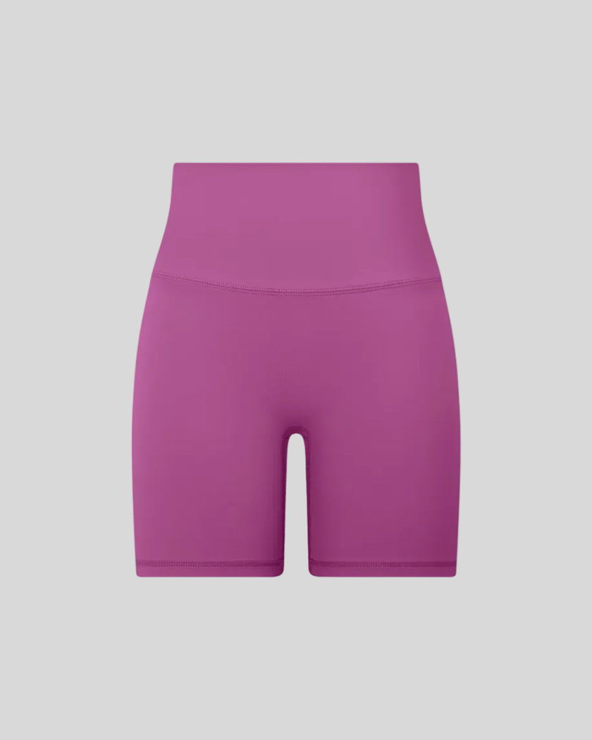BaseLine Biker Shorts in purple, 3D front view with high-waisted fit