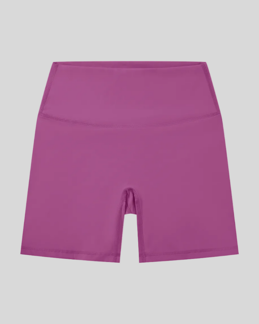 BaseLine Biker Shorts in purple, flatlay front view with high-waisted fit