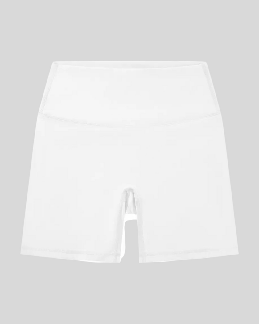 BaseLine Biker Shorts in white, flatlay front view with high-waisted fit