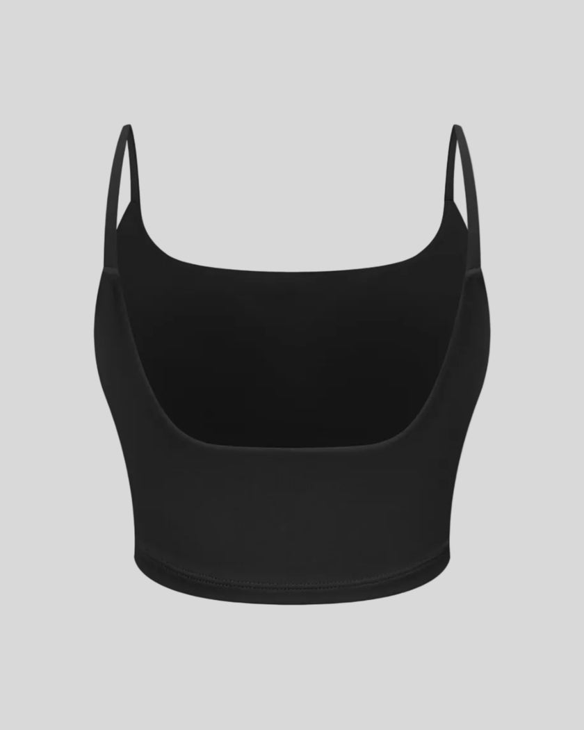 BaseLine Sports Bra in black, 3D back view with scoop neckline