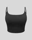 BaseLine Sports Bra in black, 3D front view with scoop neckline