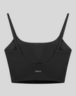 BaseLine Sports Bra in black, flatlay back view with clean minimal design