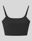 BaseLine Sports Bra in black, flatlay front view with scoop neckline