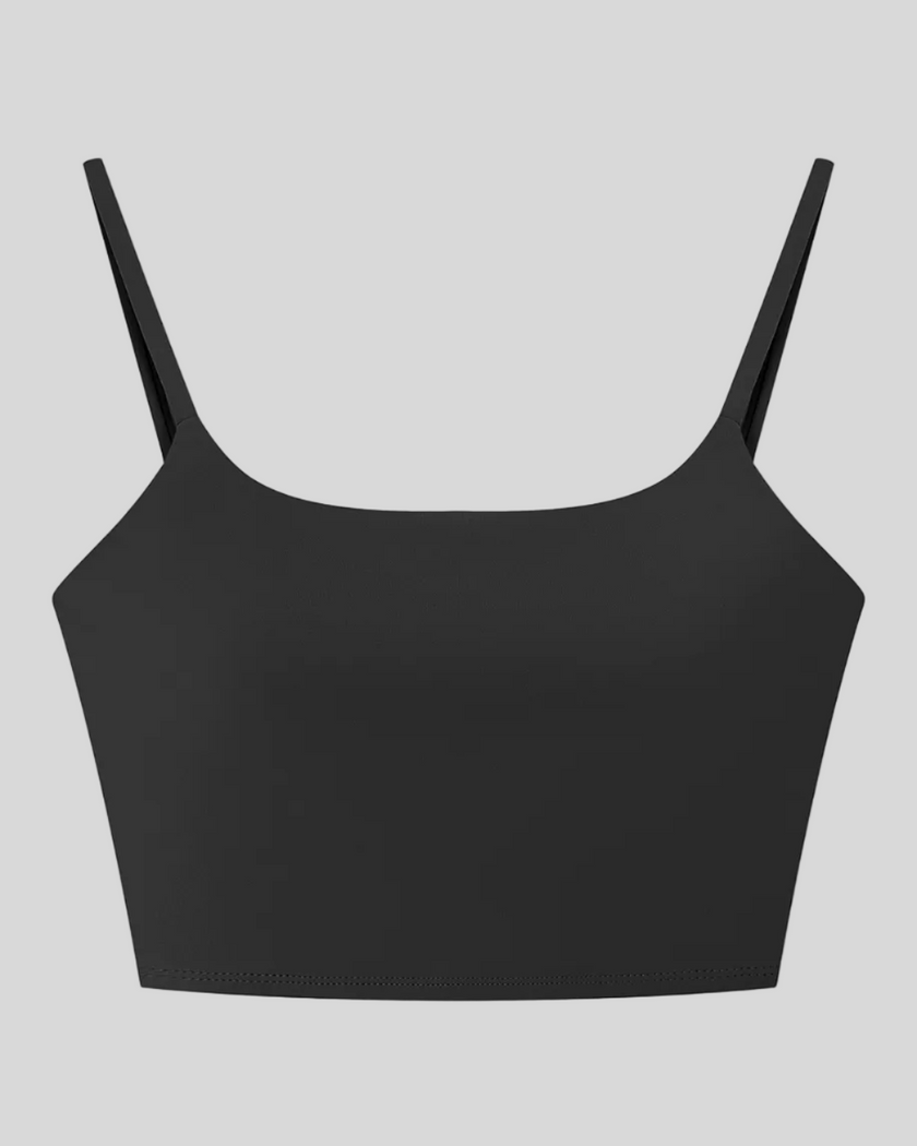 BaseLine Sports Bra in black, flatlay front view with scoop neckline