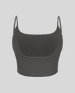 BaseLine Sports Bra in dark gray, 3D back view with scoop neckline