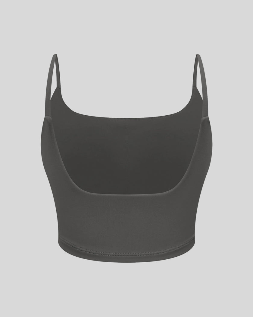 BaseLine Sports Bra in dark gray, 3D back view with scoop neckline