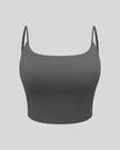 BaseLine Sports Bra in dark gray, 3D front view with scoop neckline