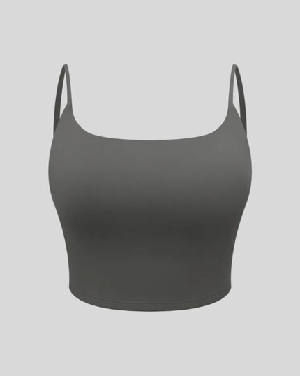 BaseLine Sports Bra in dark gray, 3D front view with scoop neckline