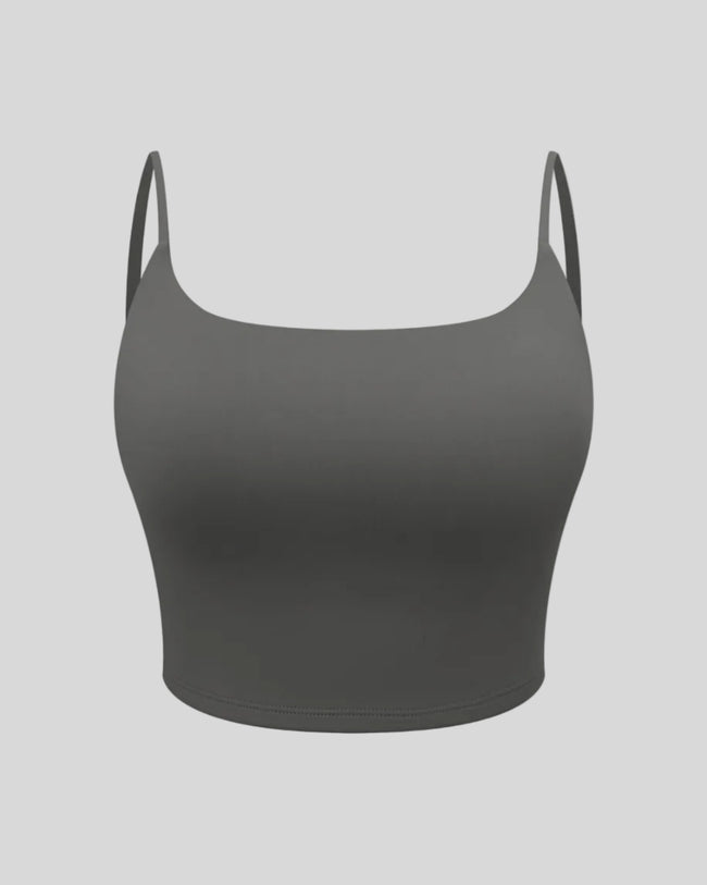 BaseLine Sports Bra in dark gray, 3D front view with scoop neckline