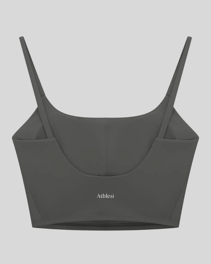 BaseLine Sports Bra in dark gray, flatlay back view with clean minimal design