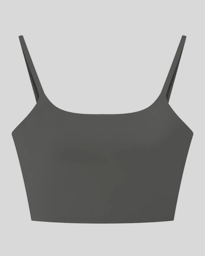 BaseLine Sports Bra in dark gray, flatlay front view with scoop neckline
