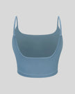 BaseLine Sports Bra in gray blue, 3D front view with scoop neckline