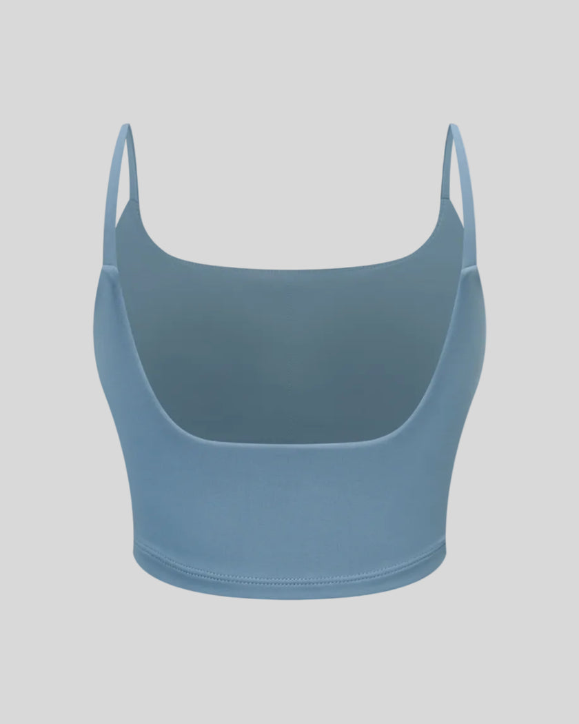 BaseLine Sports Bra in gray blue, 3D front view with scoop neckline