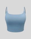 BaseLine Sports Bra in gray blue, 3D front view with scoop neckline