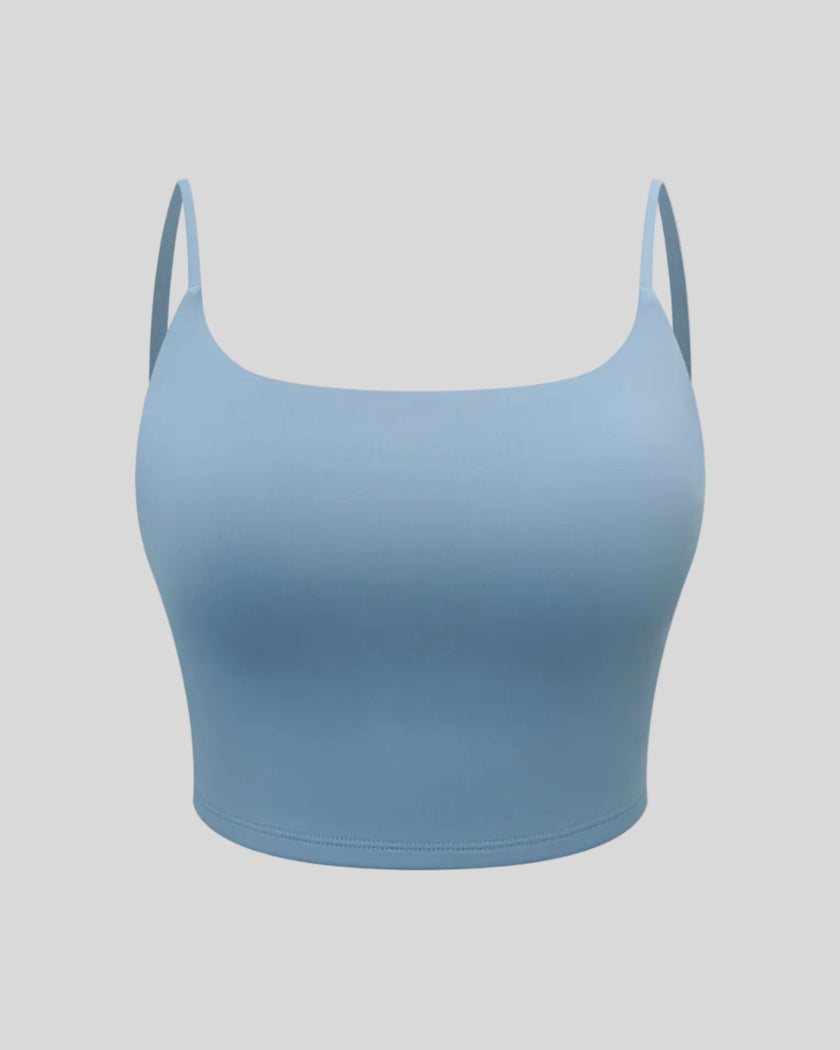 BaseLine Sports Bra in gray blue, 3D front view with scoop neckline