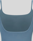 BaseLine Sports Bra in gray blue, back detail close-up