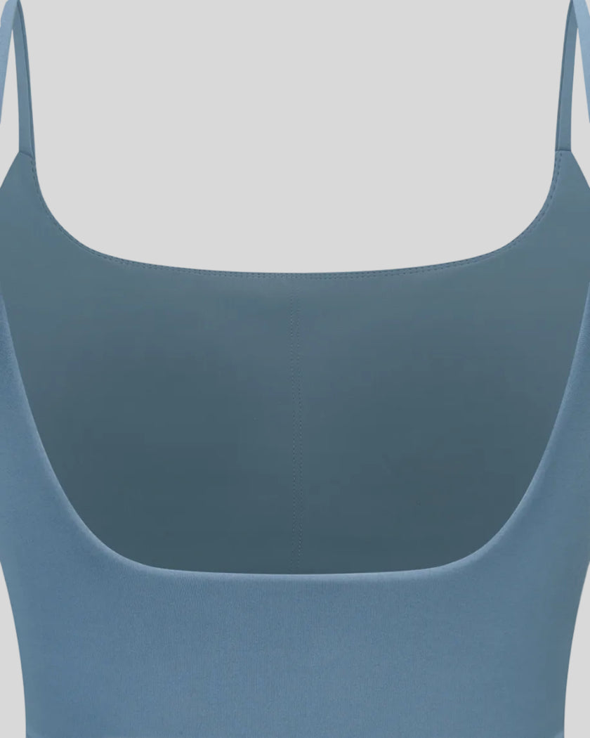 BaseLine Sports Bra in gray blue, back detail close-up