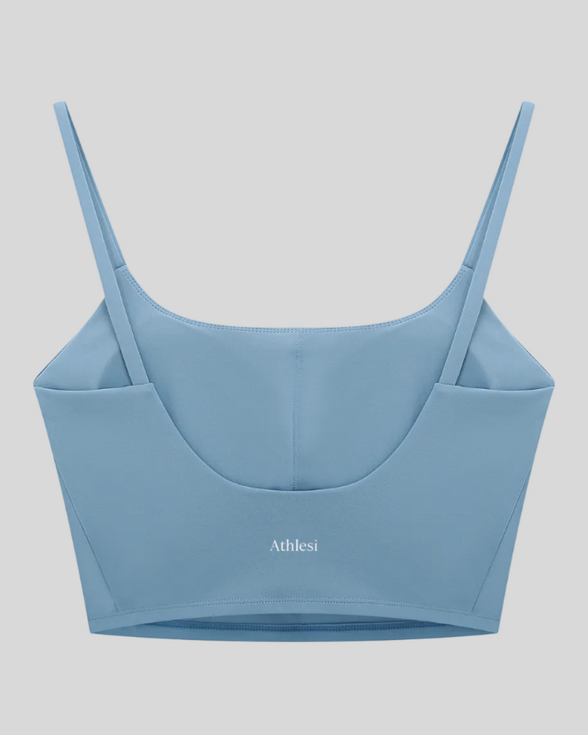 BaseLine Sports Bra in gray blue, flatlay back view with clean minimal design