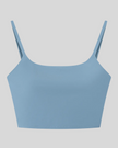 BaseLine Sports Bra in gray blue, flatlay front view with scoop neckline