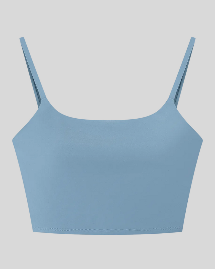 BaseLine Sports Bra in gray blue, flatlay front view with scoop neckline