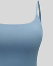 BaseLine Sports Bra in gray blue, front detail close-up