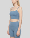 BaseLine Sports Bra in gray blue, angled side view