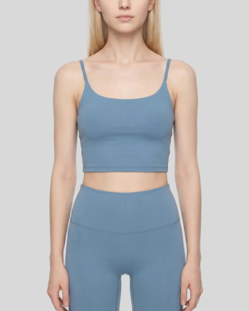 BaseLine Sports Bra in gray blue, mid body front view