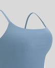 BaseLine Sports Bra in gray blue, strap and underarm detail close-up