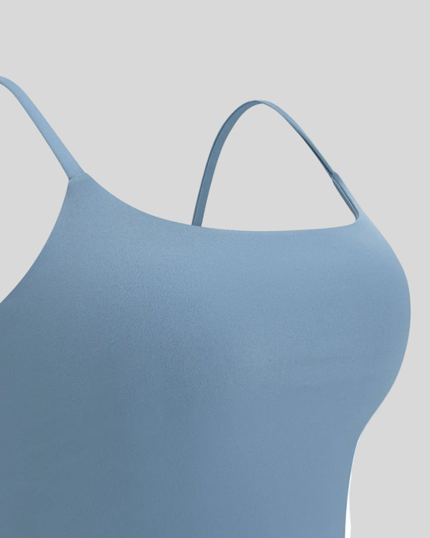 BaseLine Sports Bra in gray blue, strap and underarm detail close-up