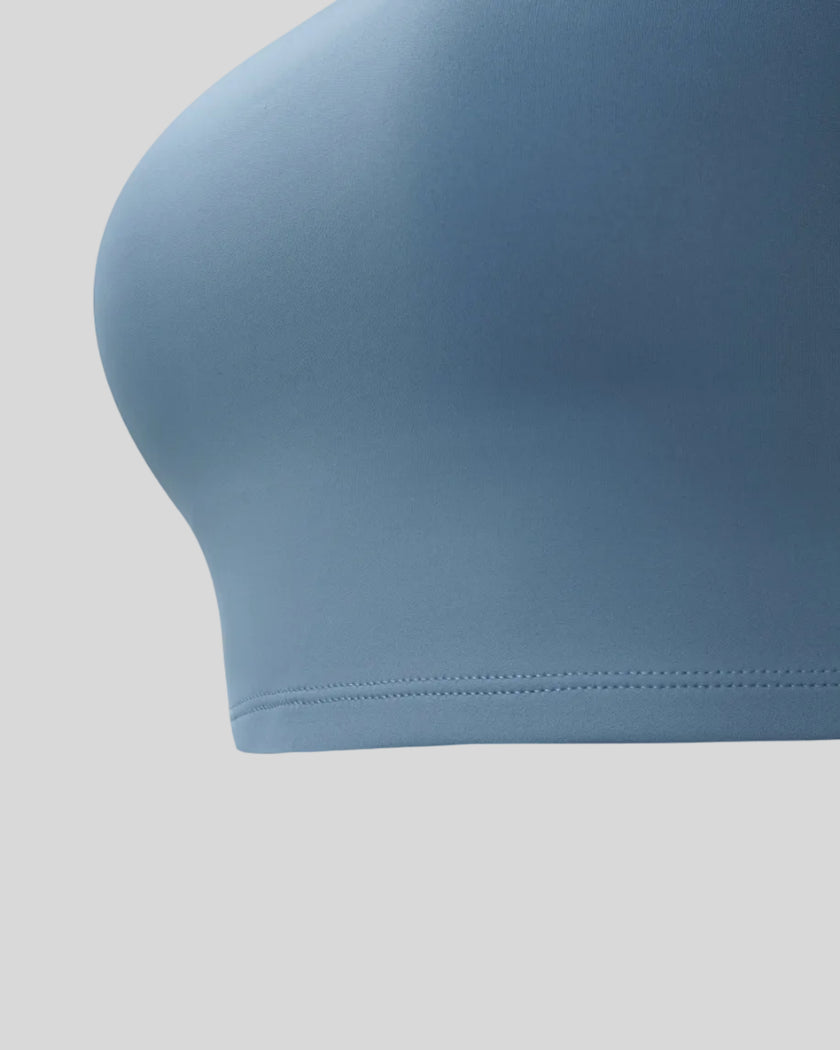 BaseLine Sports Bra in gray blue, underband detail close-up
