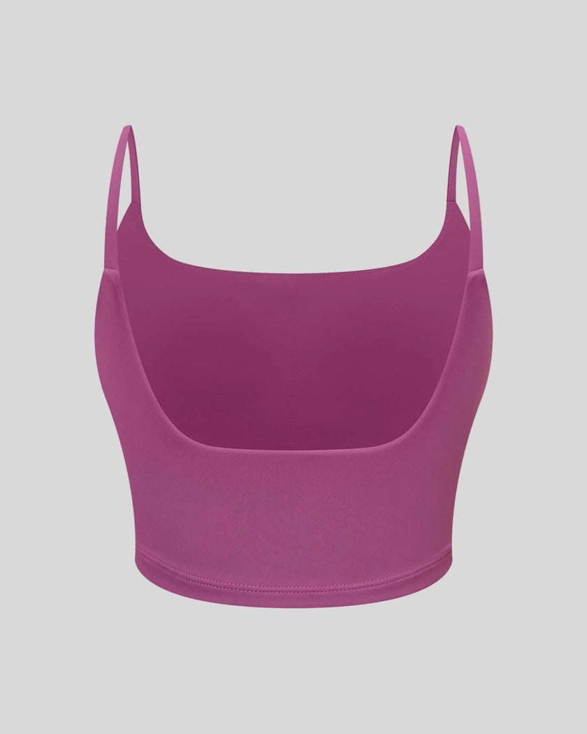 BaseLine Sports Bra in purple, 3D back view with clean minimal design