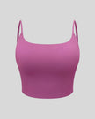 BaseLine Sports Bra in purple, 3D front view with scoop neckline
