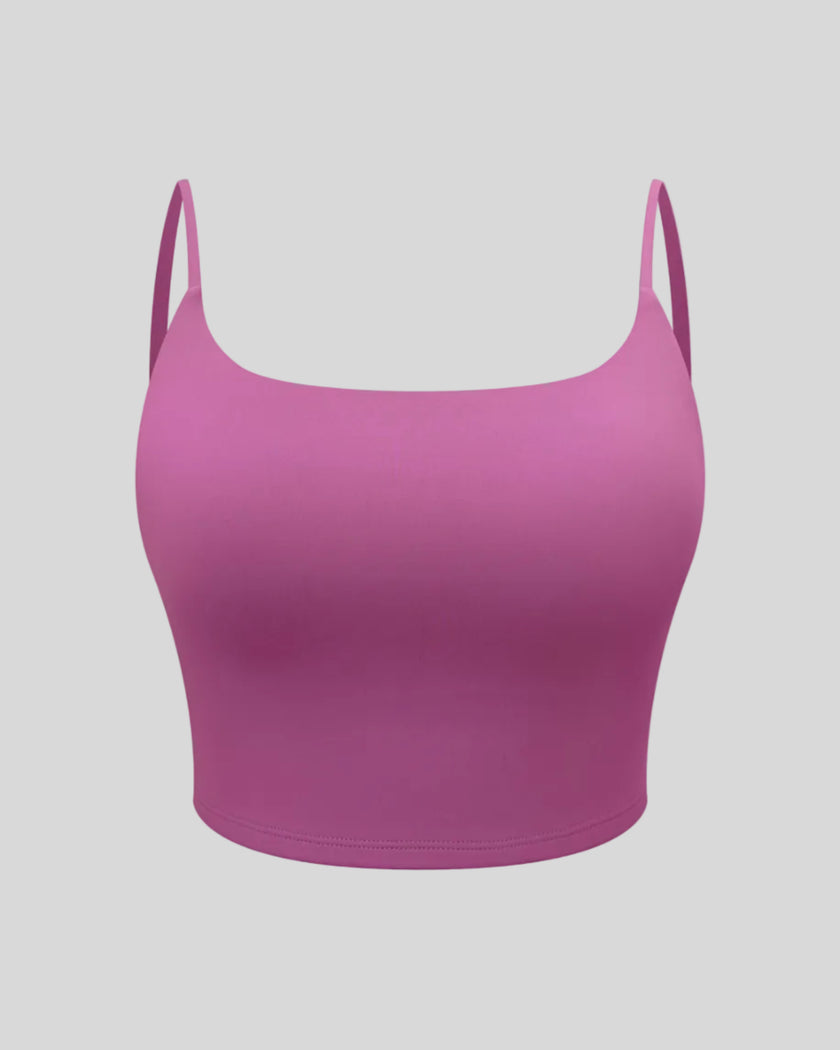 BaseLine Sports Bra in purple, 3D front view with scoop neckline