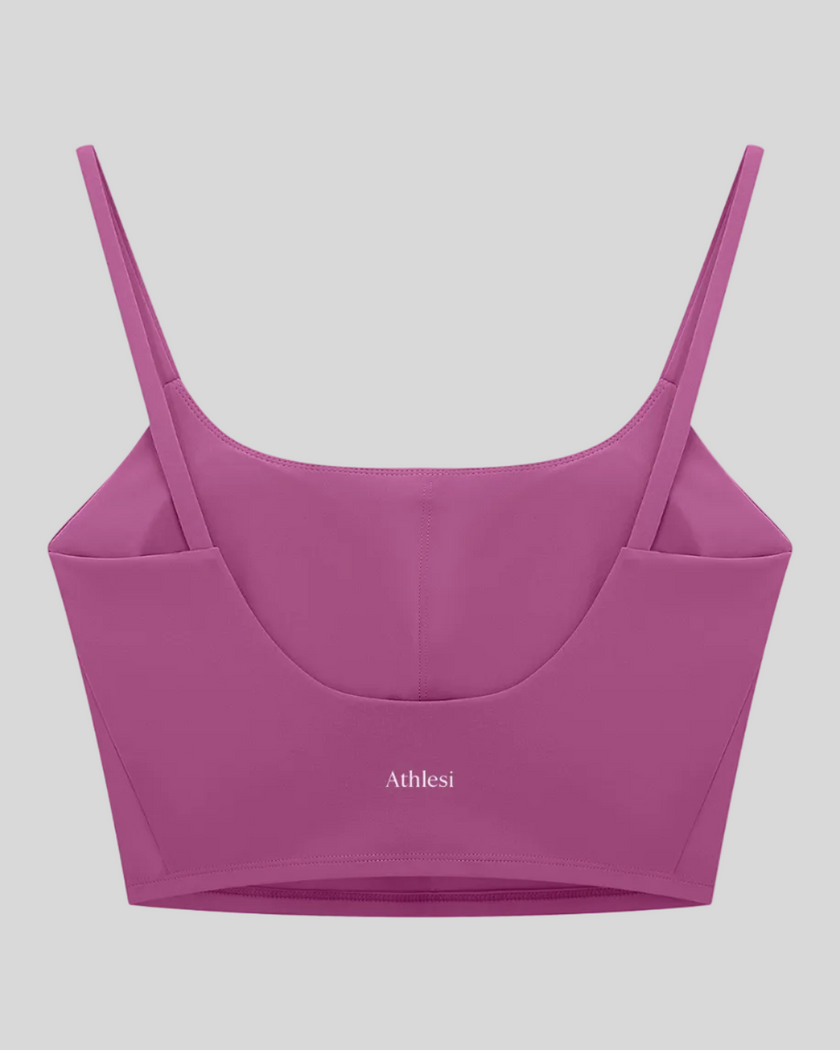 BaseLine Sports Bra in purple, flatlay back view with clean minimal design