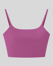 BaseLine Sports Bra in purple, flatlay front view with scoop neckline