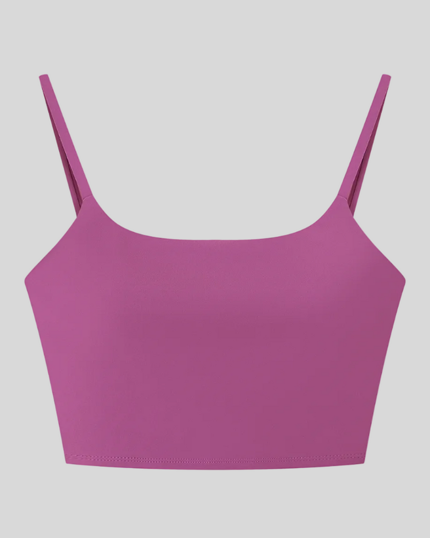 BaseLine Sports Bra in purple, flatlay front view with scoop neckline