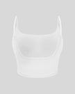 BaseLine Sports Bra in white, 3D back view with scoop neckline
