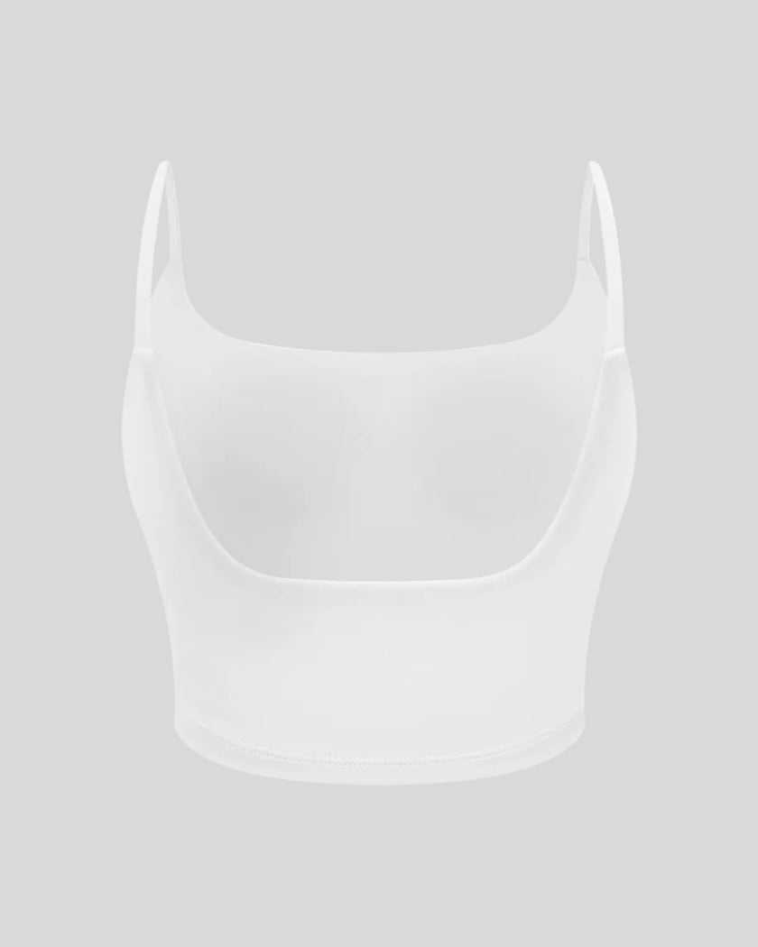 BaseLine Sports Bra in white, 3D back view with scoop neckline