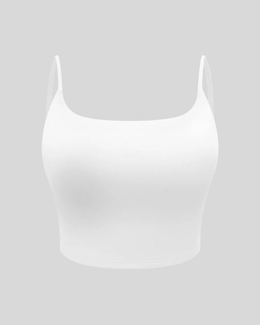 BaseLine Sports Bra in white, 3D front view with scoop neckline