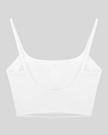 BaseLine Sports Bra in white, flatlay back view with clean minimal design
