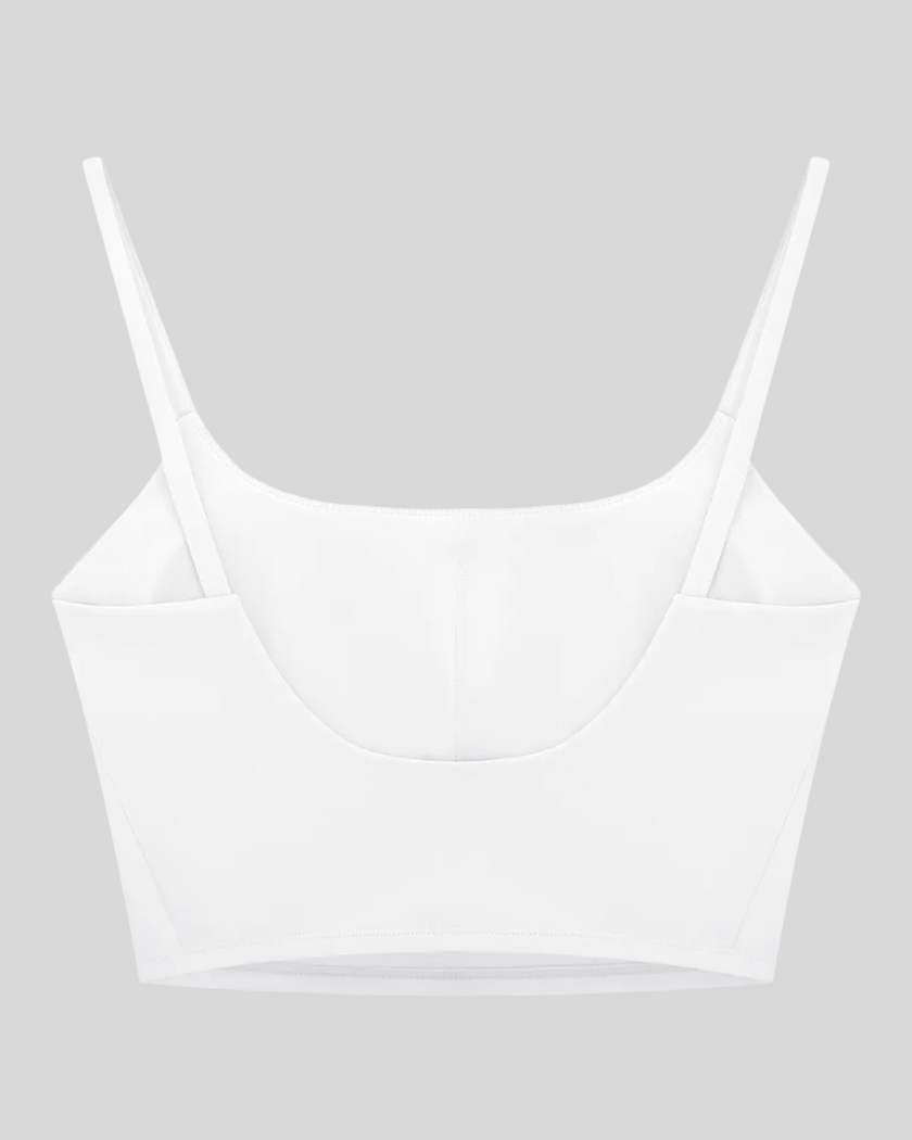 BaseLine Sports Bra in white, flatlay back view with clean minimal design