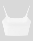 BaseLine Sports Bra in white, flatlay front view with scoop neckline