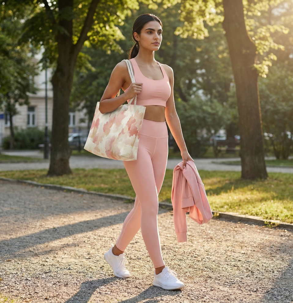 Athlesi Blush Form capsule outfit featuring Soft Blush sports bra and leggings styled with Blush Form print studio tote.