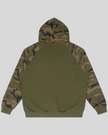 Camo Accent Hoodie in army green with green camo raglan sleeves and hood back view